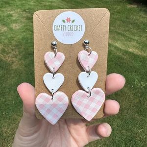 Handmade Pink Gingham Dangly Heart Polymer Clay Earrings
